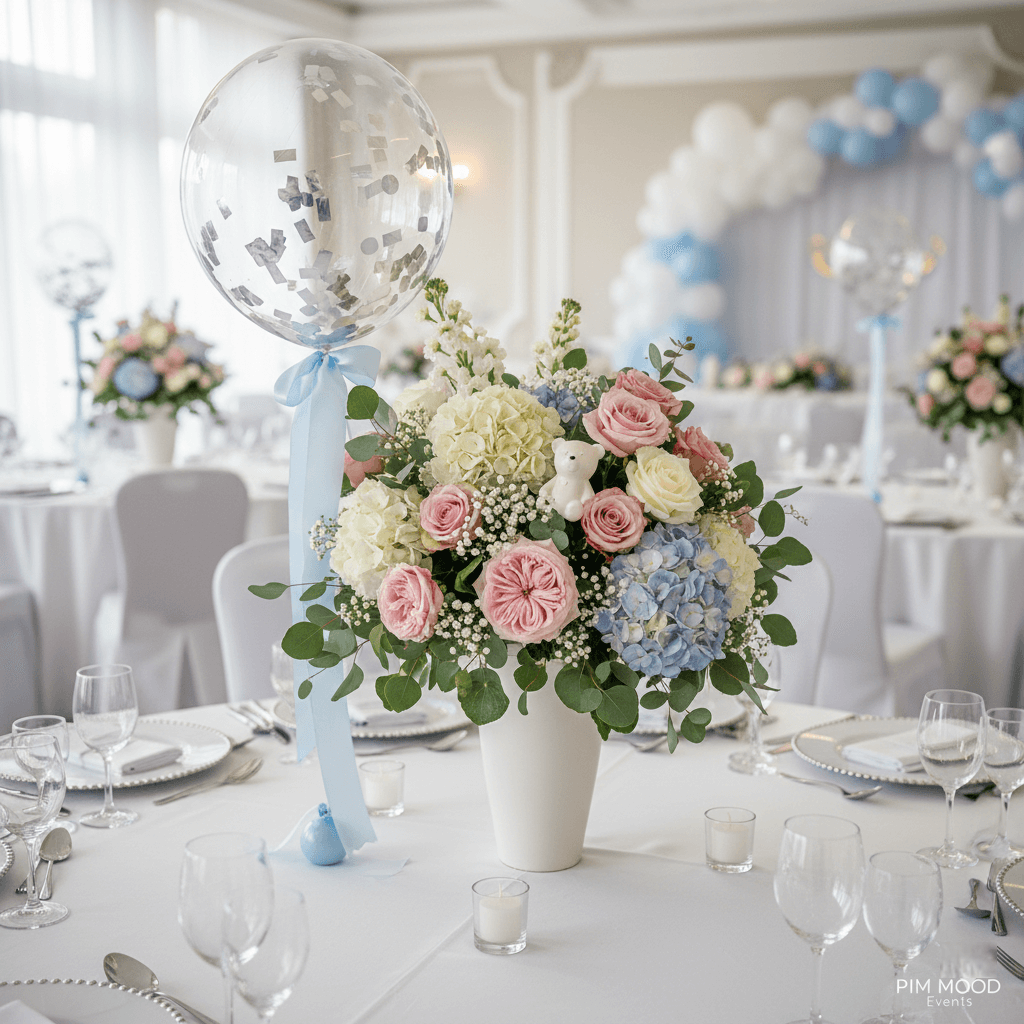 Aranjament floral masa botez cu hortensii si trandafiri pastel, decor tematic delicat pentru evenimente copii - PIM MOOD Events